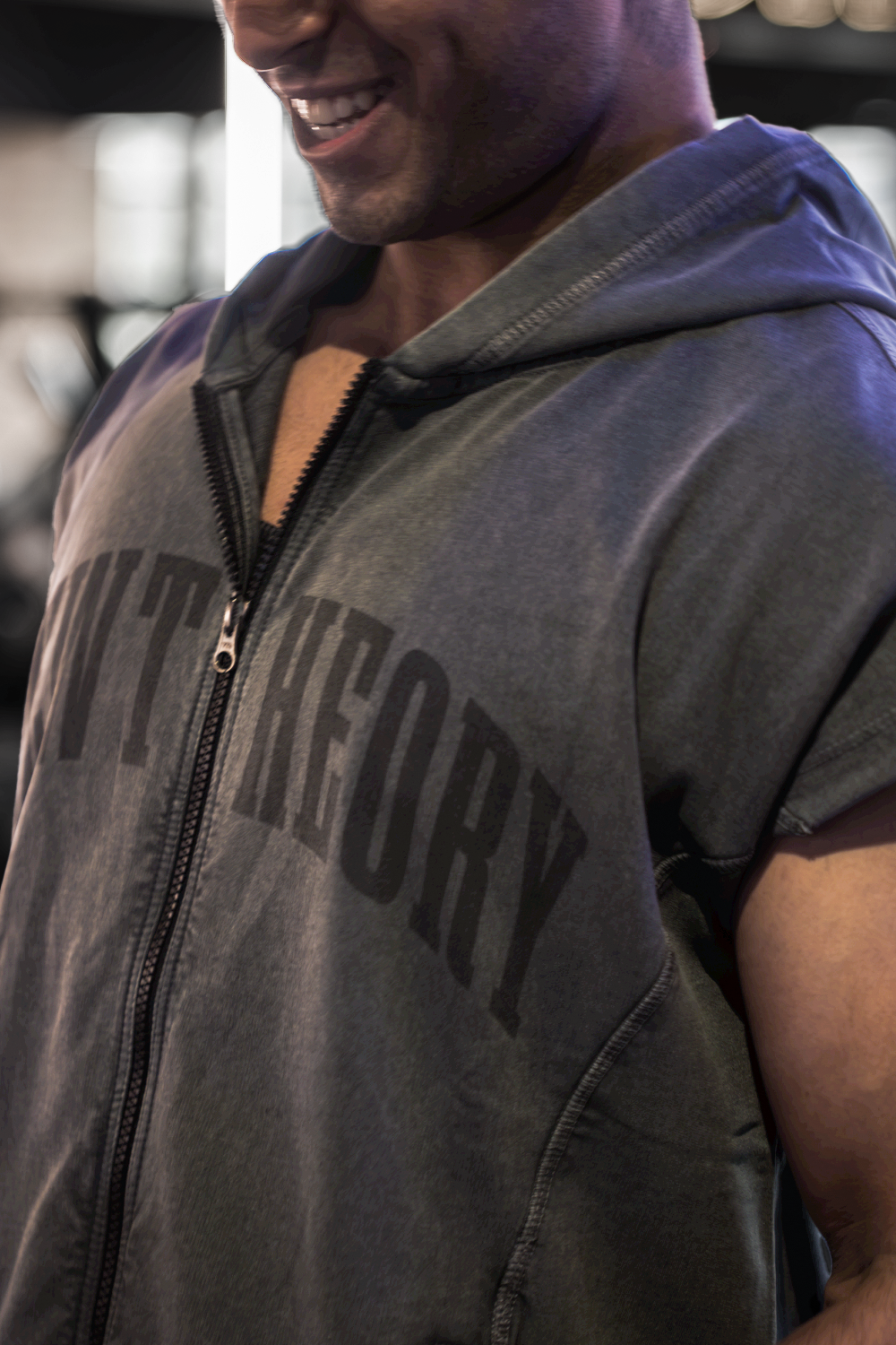 Muscle Up- Washed Sleeveless Zip Hoodie -Dark Grey