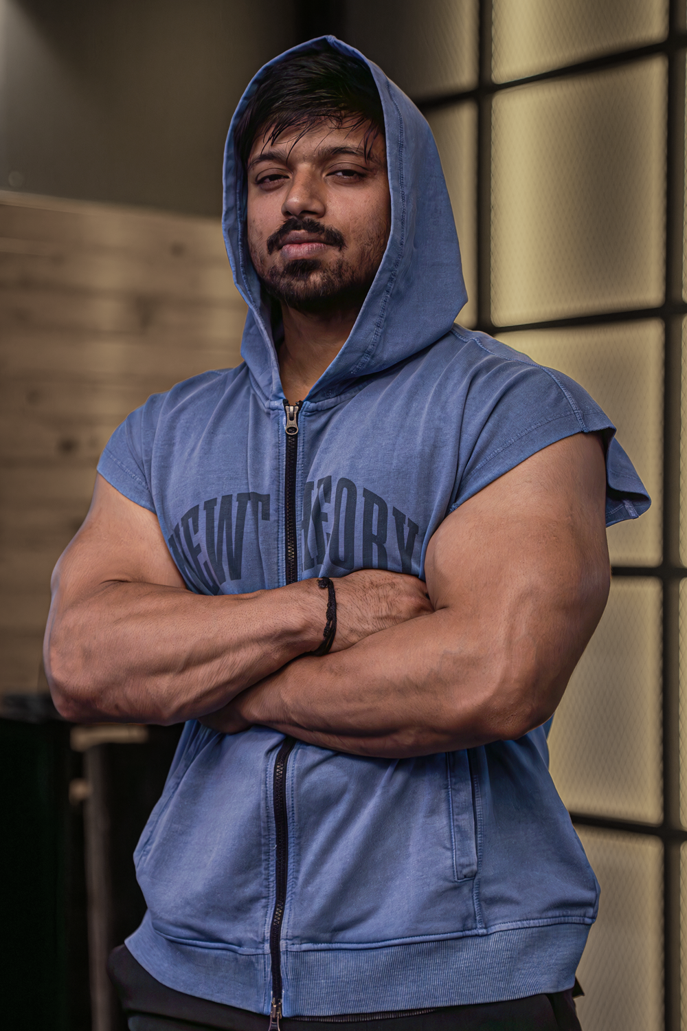 Muscle Up- Washed Sleeveless Zip Hoodie -Titanium Blue