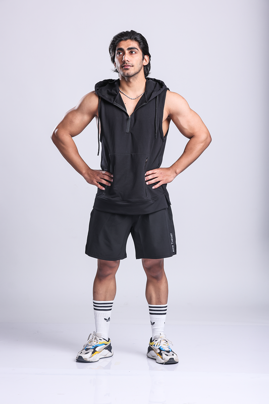 Athletic Training Sleeveless Hoodie- Black